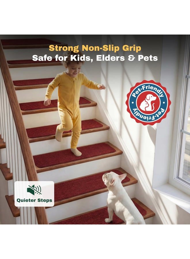 MBIGM 8" X 30" (15 in Pack) Non-Slip Carpet Stair Treads Non-Skid Safety Rug Slip Resistant Indoor Runner for Kids Elders & Pets w/Reusable Adhesive Red Anti-Slip Stair Strips - Washable Stair Treads - Image 4