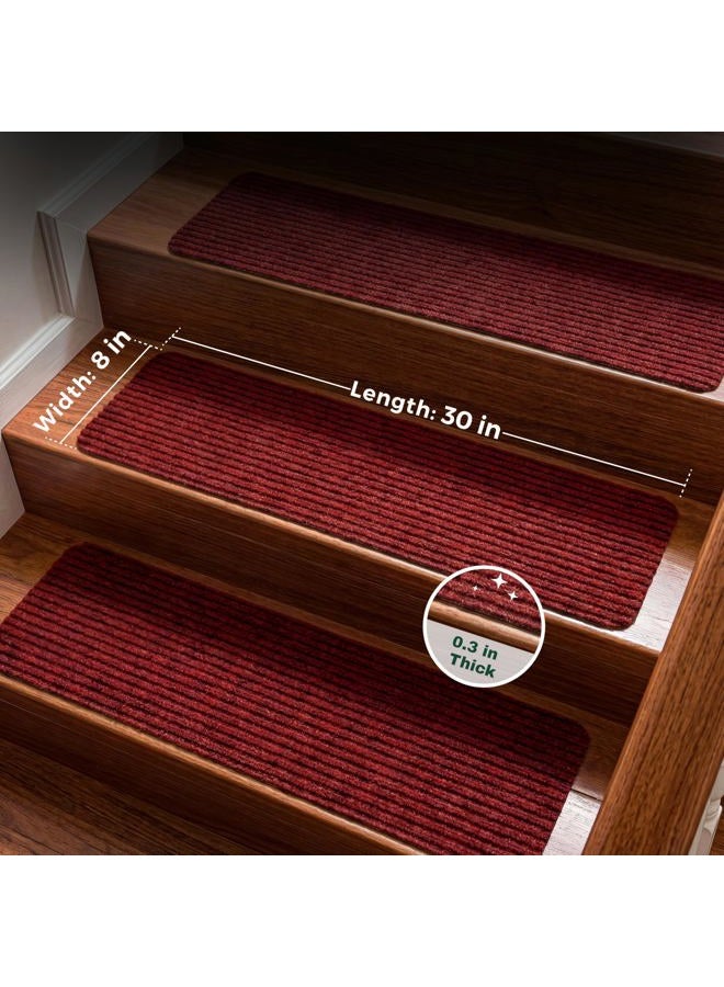 MBIGM 8" X 30" (15 in Pack) Non-Slip Carpet Stair Treads Non-Skid Safety Rug Slip Resistant Indoor Runner for Kids Elders & Pets w/Reusable Adhesive Red Anti-Slip Stair Strips - Washable Stair Treads - Image 2