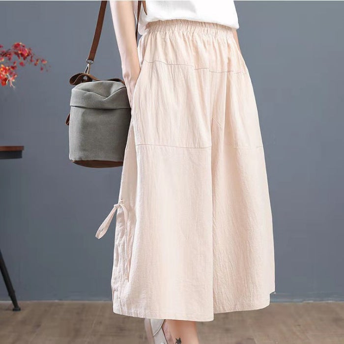 Summer large size 200kg womens pants loose bloomers wide leg pants elastic waist womens skirt pants cropped pants skirt Rice apricot - Image 1