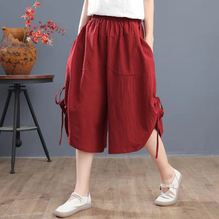 Summer large size 200kg womens pants loose bloomers wide leg pants elastic waist womens skirt pants cropped pants skirt Rice apricot - Image 2