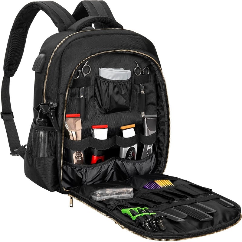 TORIBIO TORIBIO Barber Supplies Bag for Clippers and Supplies, Hairstylist Clipper Portable Backpack for Barber Tools (Black + Gold) 