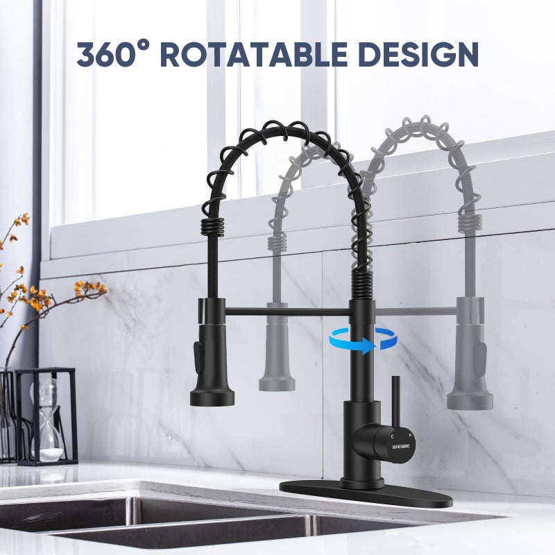 WEWE Kitchen Faucets with Pull Down Sprayer Commercial Industrial Stainless Steel Single Handle Single Hole Spring Farmhouse RV Sink Faucet, Matte Black Kitchen Faucet for Laundry Utility Room Sink - Image 5