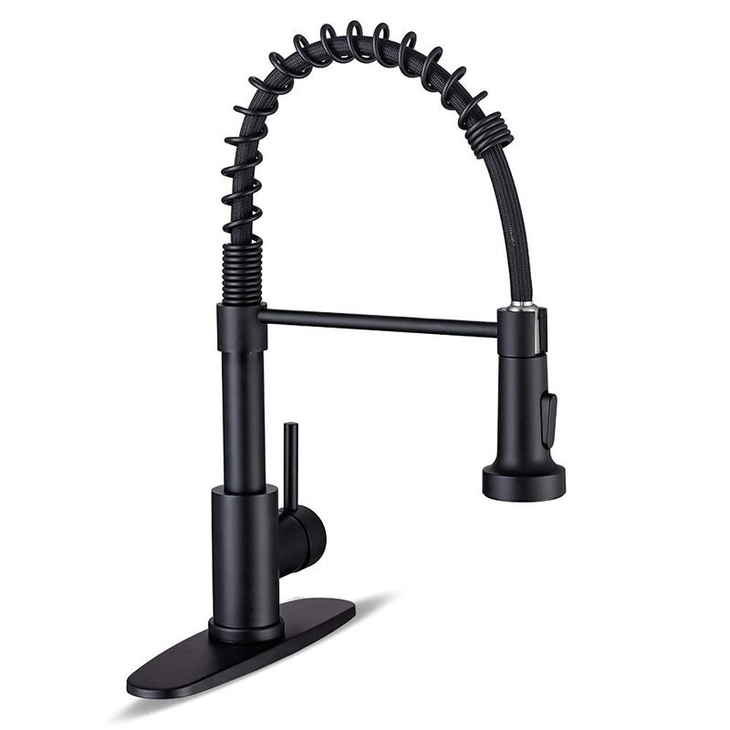 WEWE Kitchen Faucets with Pull Down Sprayer Commercial Industrial Stainless Steel Single Handle Single Hole Spring Farmhouse RV Sink Faucet, Matte Black Kitchen Faucet for Laundry Utility Room Sink - Image 1