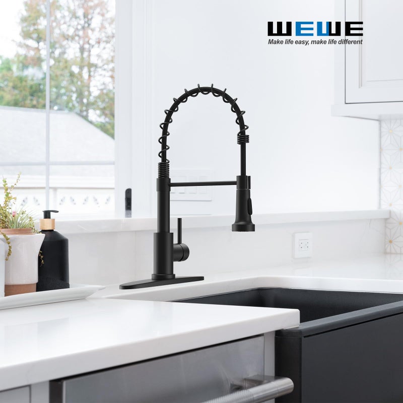 WEWE Kitchen Faucets with Pull Down Sprayer Commercial Industrial Stainless Steel Single Handle Single Hole Spring Farmhouse RV Sink Faucet, Matte Black Kitchen Faucet for Laundry Utility Room Sink - Image 2