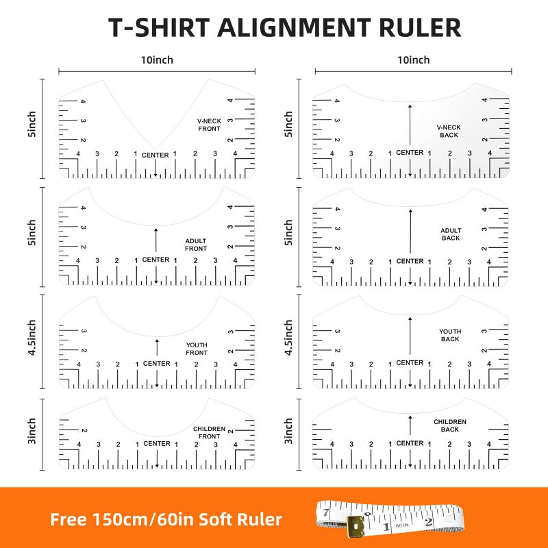 MFJUNS 10 PCS T-Shirt Ruler Guide - Tshirt Measurement Tools for Children Youth Adult, V-Neck/Round PVC Rule Rulers Designs Heat Press Accessories for Vinyl Alignment, Heat Press - Image 2