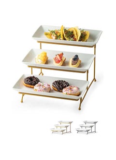 Mash 3 Tier Ceramic Serving Stand and Rectangular Platters Set Gold, Large Tiered Porcelain Trays with Collapsible Sturdier Metal Rack 14 Inches Serving Tray  - Image 1