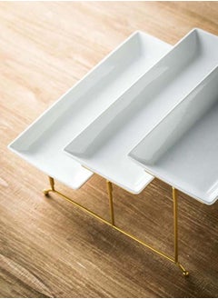 Mash 3 Tier Ceramic Serving Stand and Rectangular Platters Set Gold, Large Tiered Porcelain Trays with Collapsible Sturdier Metal Rack 14 Inches Serving Tray  - Image 5