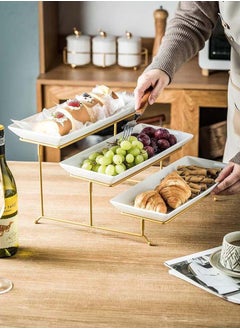 Mash 3 Tier Ceramic Serving Stand and Rectangular Platters Set Gold, Large Tiered Porcelain Trays with Collapsible Sturdier Metal Rack 14 Inches Serving Tray  - Image 3