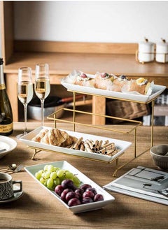 Mash 3 Tier Ceramic Serving Stand and Rectangular Platters Set Gold, Large Tiered Porcelain Trays with Collapsible Sturdier Metal Rack 14 Inches Serving Tray  - Image 4