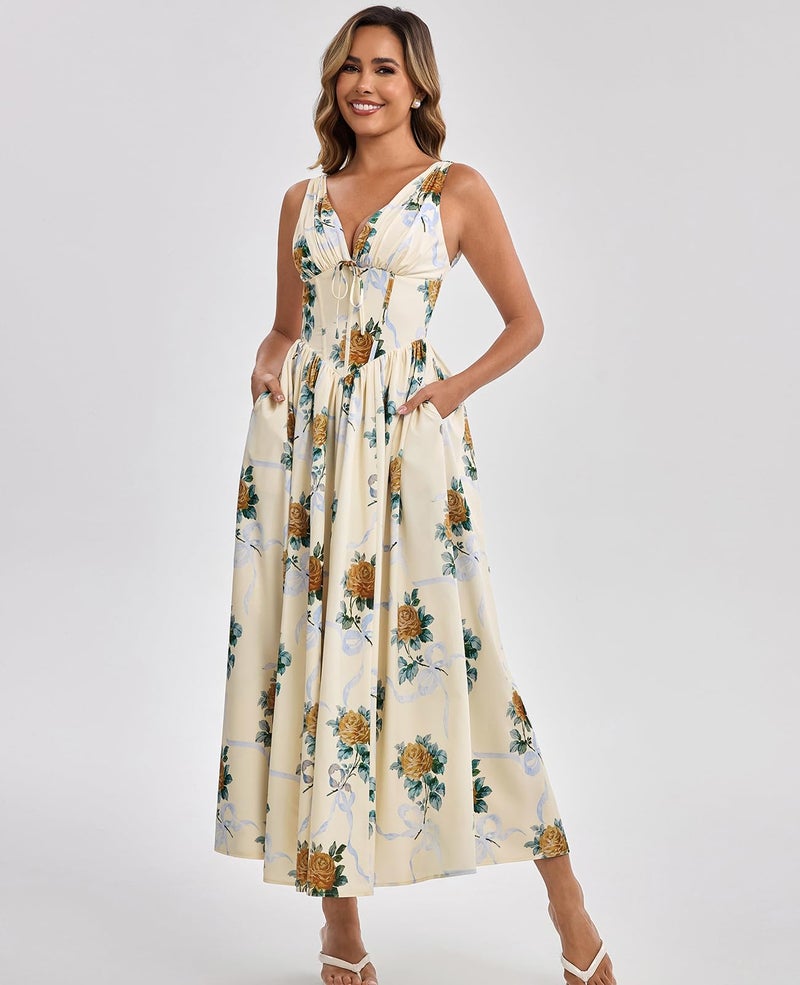 GLNEGE Floral Corset Midi Dress Milkmaid Casual V Neck Flowy A Line Sundress Wedding Guest Dresses with Pockets 2026 - Image 5