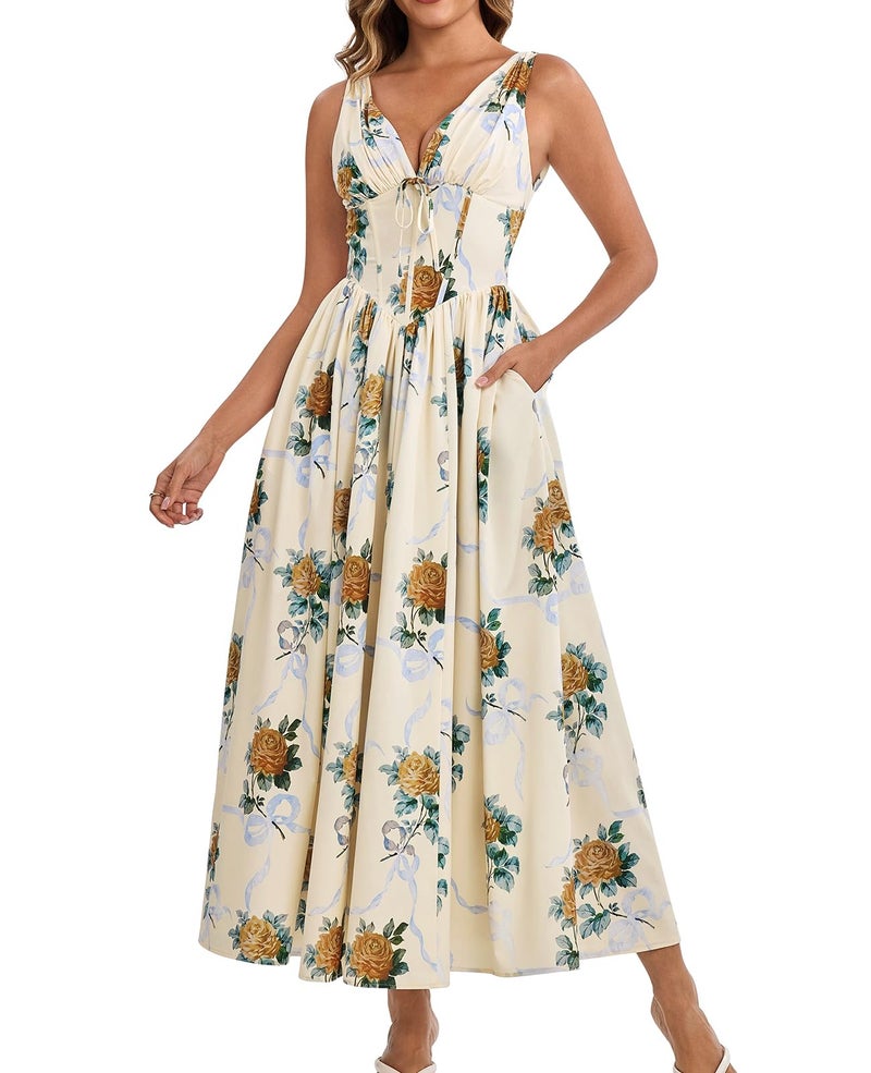 GLNEGE Floral Corset Midi Dress Milkmaid Casual V Neck Flowy A Line Sundress Wedding Guest Dresses with Pockets 2026 - Image 1