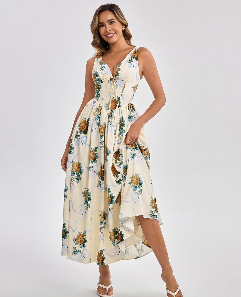 GLNEGE Floral Corset Midi Dress Milkmaid Casual V Neck Flowy A Line Sundress Wedding Guest Dresses with Pockets 2026 - Image 4