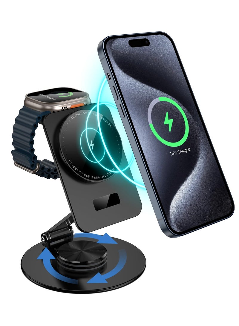 2 in 1Mag-Safe Charger Stand for Apple, Foldable Charging Stand Wireless Dock for iPhone 15 14 13 12 Series, Magnetic Wireless Charging Station for Apple Watch Ultra/SE/9/8/7/6 for Air p ods 3/2/Pro