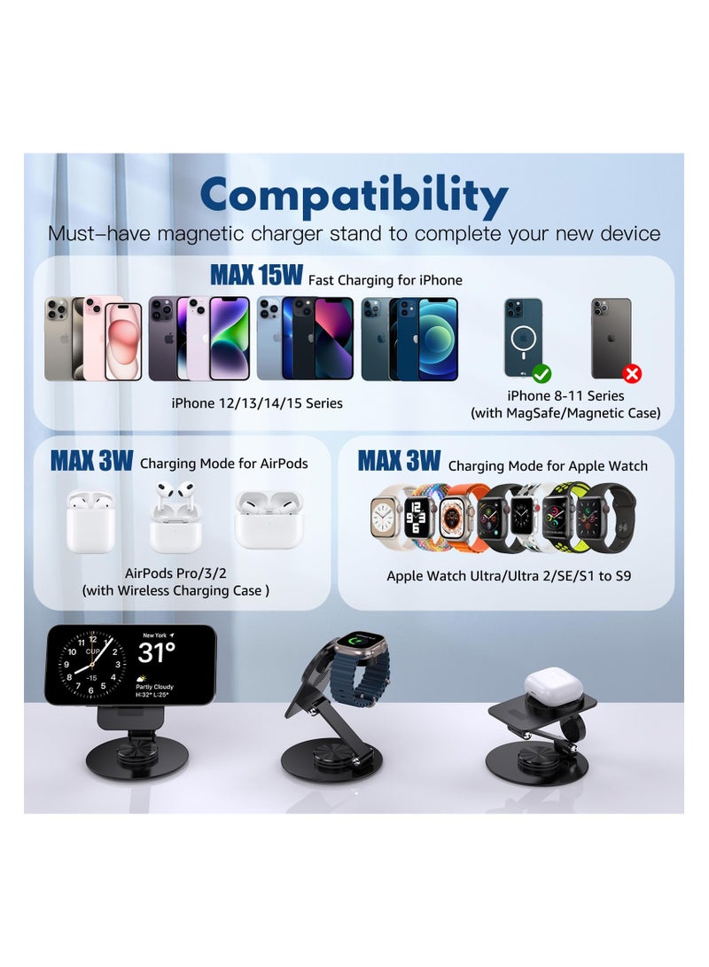 2 in 1Mag-Safe Charger Stand for Apple, Foldable Charging Stand Wireless Dock for iPhone 15 14 13 12 Series, Magnetic Wireless Charging Station for Apple Watch Ultra/SE/9/8/7/6 for Air p ods 3/2/Pro