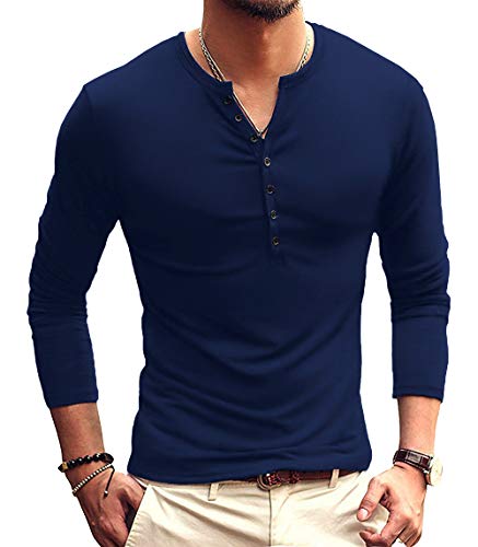 YTD Mens Casual Slim Fit Basic Henley Long Sleeve Fashion T-Shirt L Navy - Image 1