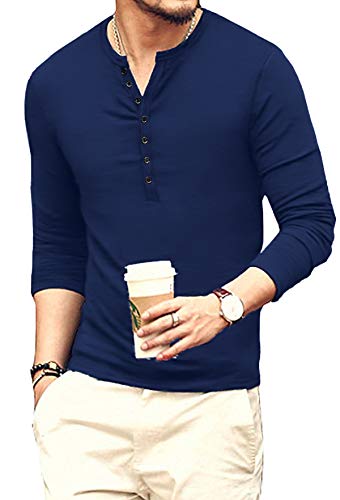 YTD Mens Casual Slim Fit Basic Henley Long Sleeve Fashion T-Shirt L Navy - Image 2