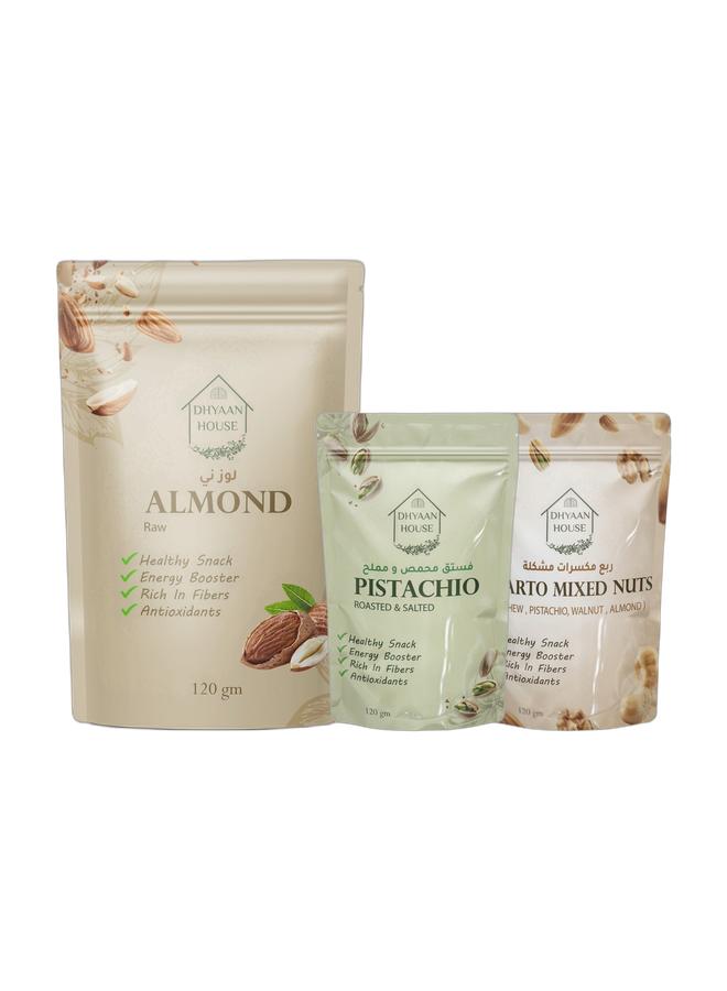 Dhyaan House Roasted & Salted Pistachio - 120 gm & Cuatro Mixed Nuts - 120 gm & Raw Almond - 120 gm Bundle - Image 1