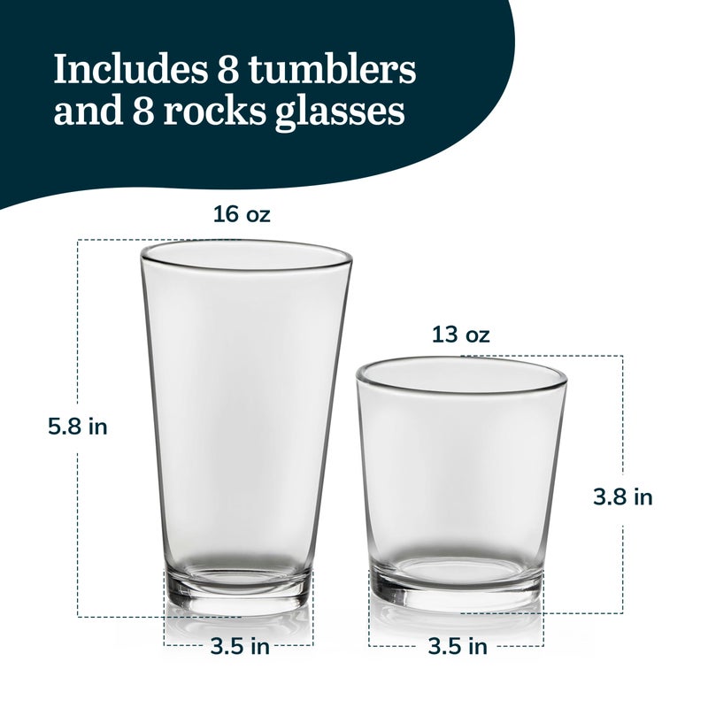 Libbey Flare Tumbler and Rocks Glasses Set, Stylish Lead-Free Drinking Glasses Set of 16, Versatile Dishwasher Safe Kitchen Glassware Set for Parties - Image 3