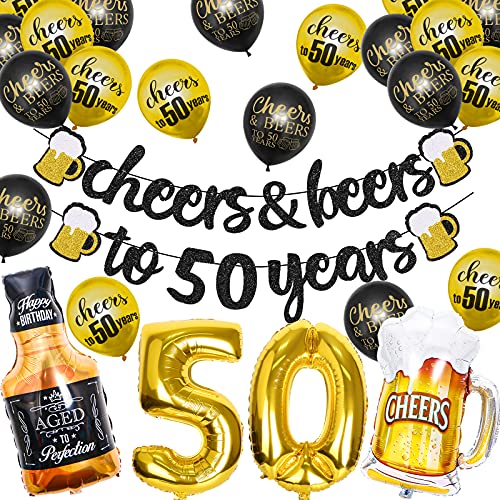 Joymee 50th Birthday Decorations for Men Women Cheers to 50 Years Banner Decorations Black Gold Number 50 Balloons for 50 Birthday Wedding Party Supplies - Image 1