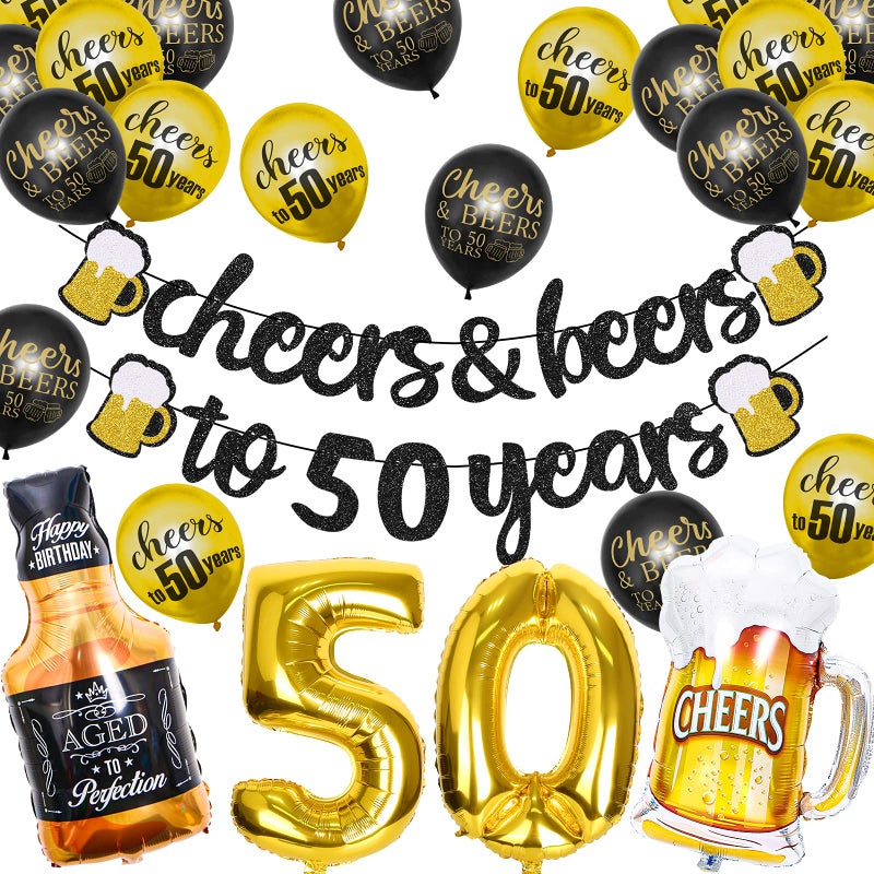 Joymee 50th Birthday Decorations for Men Women Cheers to 50 Years Banner Decorations Black Gold Number 50 Balloons for 50 Birthday Wedding Party Supplies - Image 3