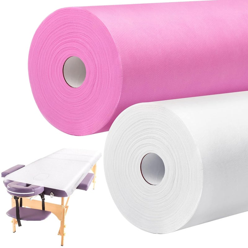 Tudomro Tudomro 2 Roll Disposable Non Woven Bed Sheets 24 x 71 Inch Massage Table Paper Covers Non Woven Fabric Massage Sheets Waterproof Spa Breathable Bed Cover for Beauty Salon HotelsWhite Pink 
