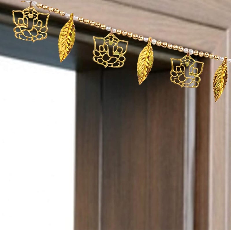 ascension Plastic Golden Ganesh ji Leaf Pearl Traditional Subh Labh Art Handmade Door Bandarwal toran Multicolour Set of 2 - Image 4