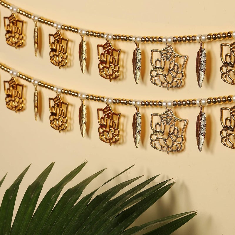 ascension Plastic Golden Ganesh ji Leaf Pearl Traditional Subh Labh Art Handmade Door Bandarwal toran Multicolour Set of 2 - Image 1