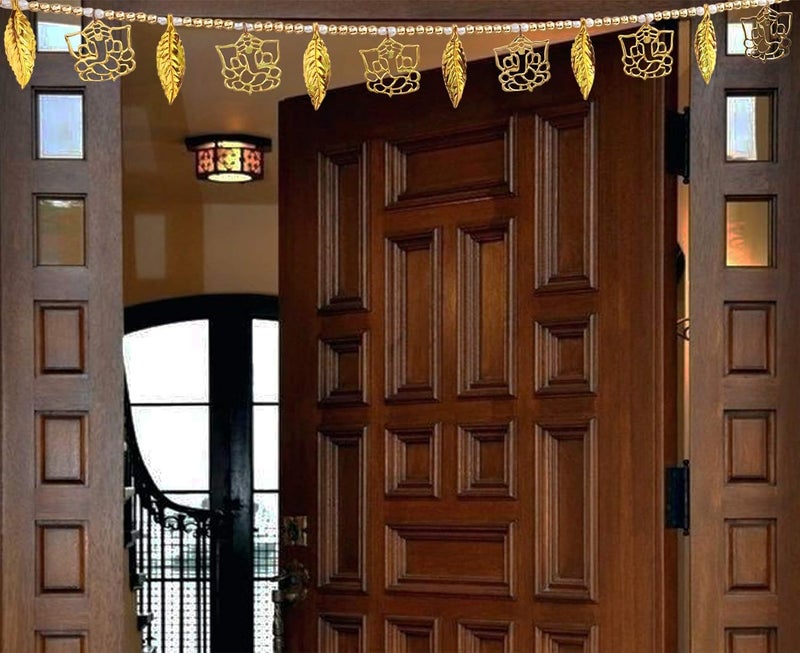 ascension Plastic Golden Ganesh ji Leaf Pearl Traditional Subh Labh Art Handmade Door Bandarwal toran Multicolour Set of 2 - Image 2