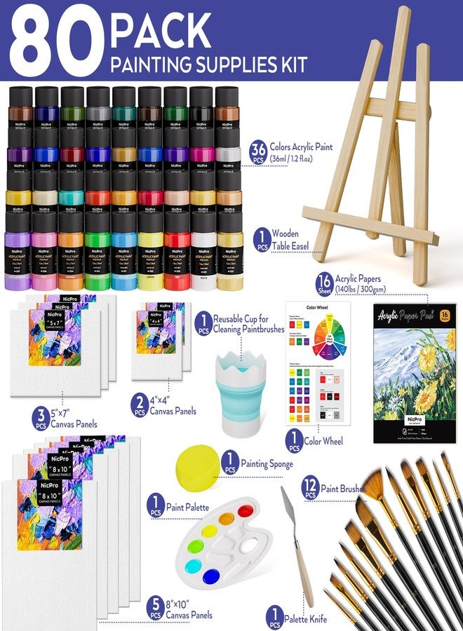 Nicpro Acrylic Paint Canvas Set for Adults, 80PCS Art Painting Supplies Kit with 36 Paints(36ML), Table Wood Easel,10 Canvas Panels,12 Paint Brushes,Paper Pad, Cup, Palette for Beginner Artist Adults - Image 2