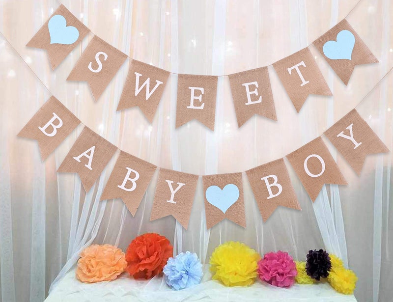 WAWOO Sweet Baby Boy Burlap Banner - Rustic Baby Shower Decorations  Photo Props (Sweet Baby Boy Blue) - Image 3