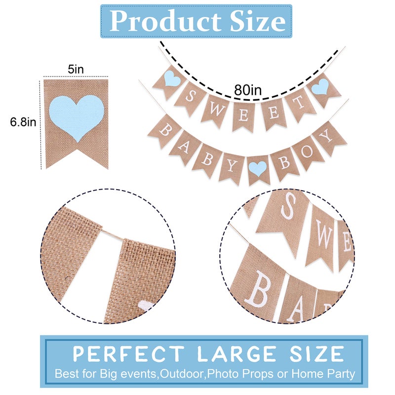 WAWOO Sweet Baby Boy Burlap Banner - Rustic Baby Shower Decorations  Photo Props (Sweet Baby Boy Blue) - Image 5
