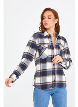 Cool Tarz Cool Style Blue-Brown Women's Slim Fit Button-down Collar Double Pocket Lumberjack Plaid Shirt  - Image 1