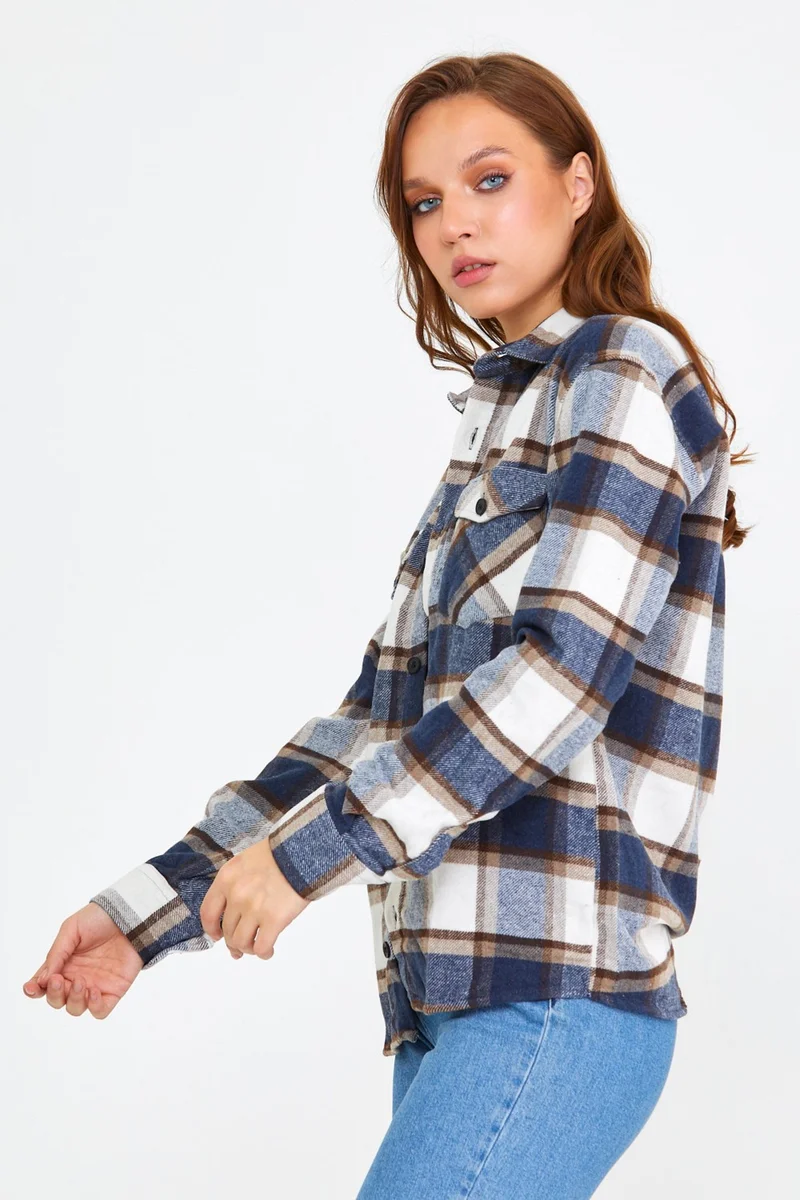 Cool Tarz Cool Style Blue-Brown Women's Slim Fit Button-down Collar Double Pocket Lumberjack Plaid Shirt