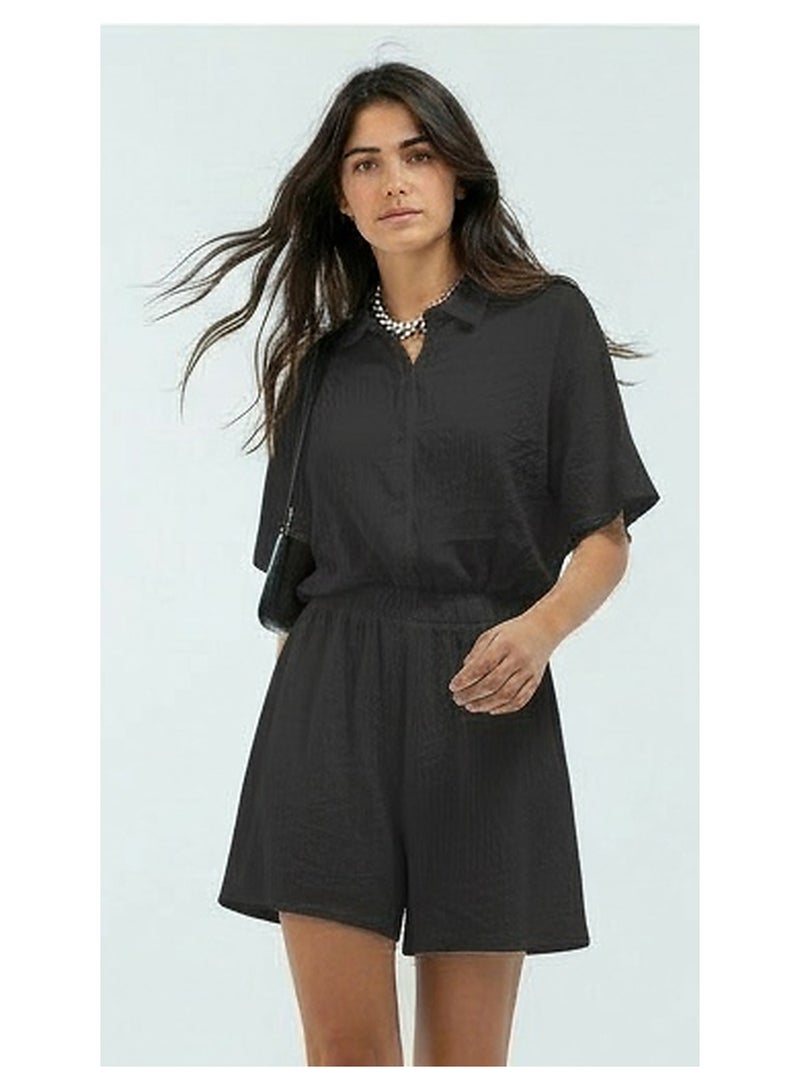 RAVIN Black Textured Short Sleeve Button-Down Jumpsuit - Image 3