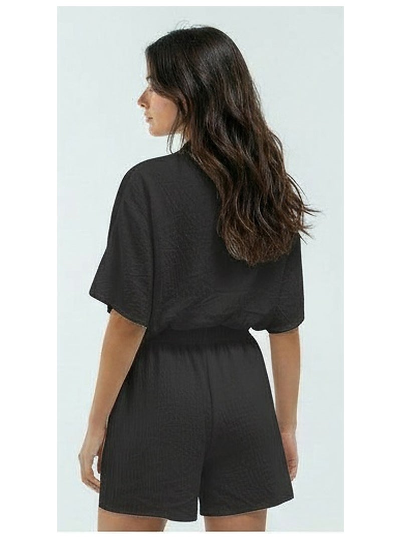 RAVIN Black Textured Short Sleeve Button-Down Jumpsuit - Image 2