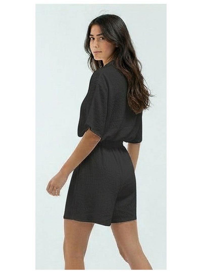 RAVIN Black Textured Short Sleeve Button-Down Jumpsuit - Image 4