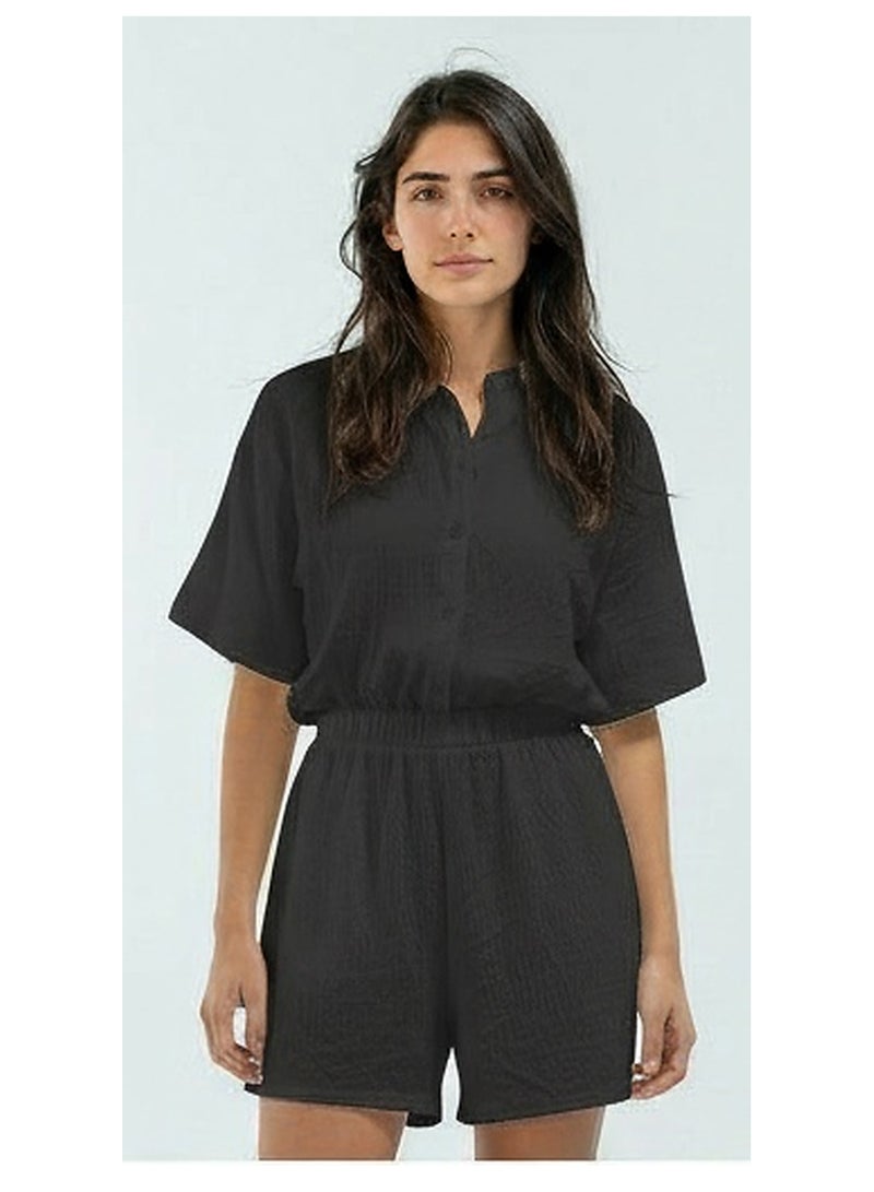 RAVIN Black Textured Short Sleeve Button-Down Jumpsuit - Image 1
