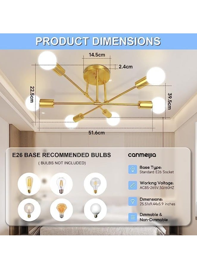 Ceiling Lights Fixture, Modern Gold Sputnik Chandeliers, Semi Flush Mount Golden Ceiling Lamp Industrial LED Ceiling Lighting for Bedroom Living Dining Room,6-Light,(Bulbs Not Included) - Image 2