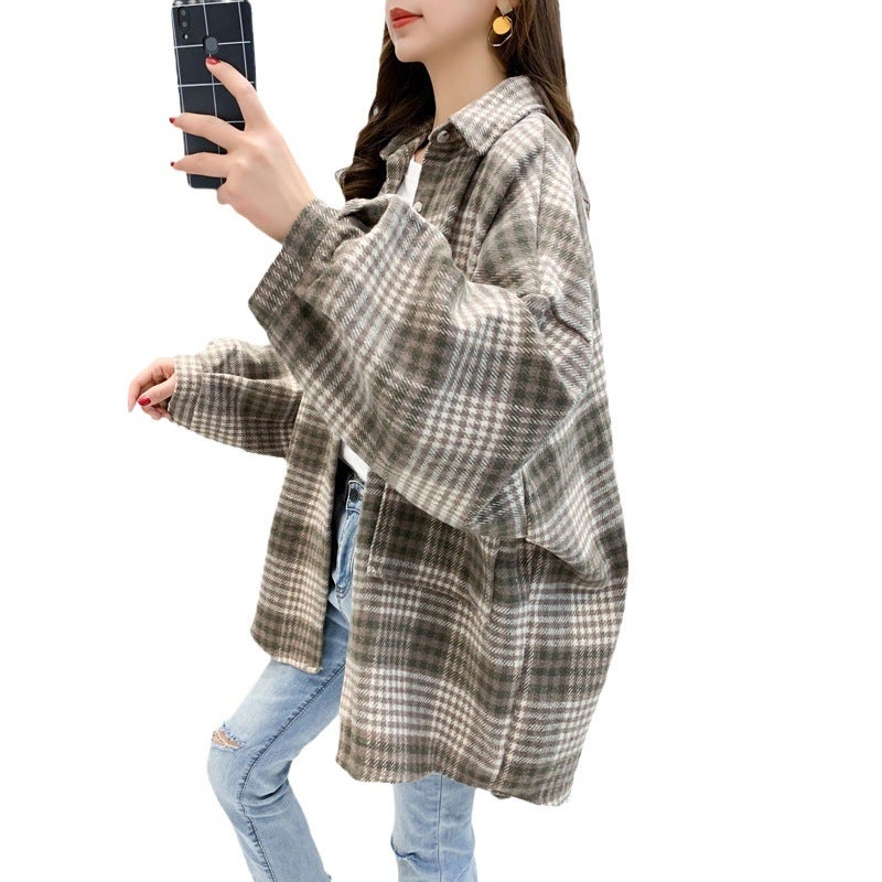 Womens Loose Plaid Shirt Mid-Length Trendy Retro Coat Blue - Image 3