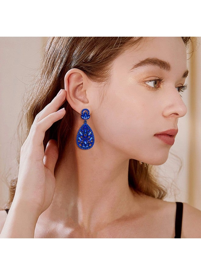 EleQueen Women'S Wedding Bridal Austrian Crystal Bohemia Teardrop Chandelier Dangle Earrings Royal Blue Color Bluetone - Image 2