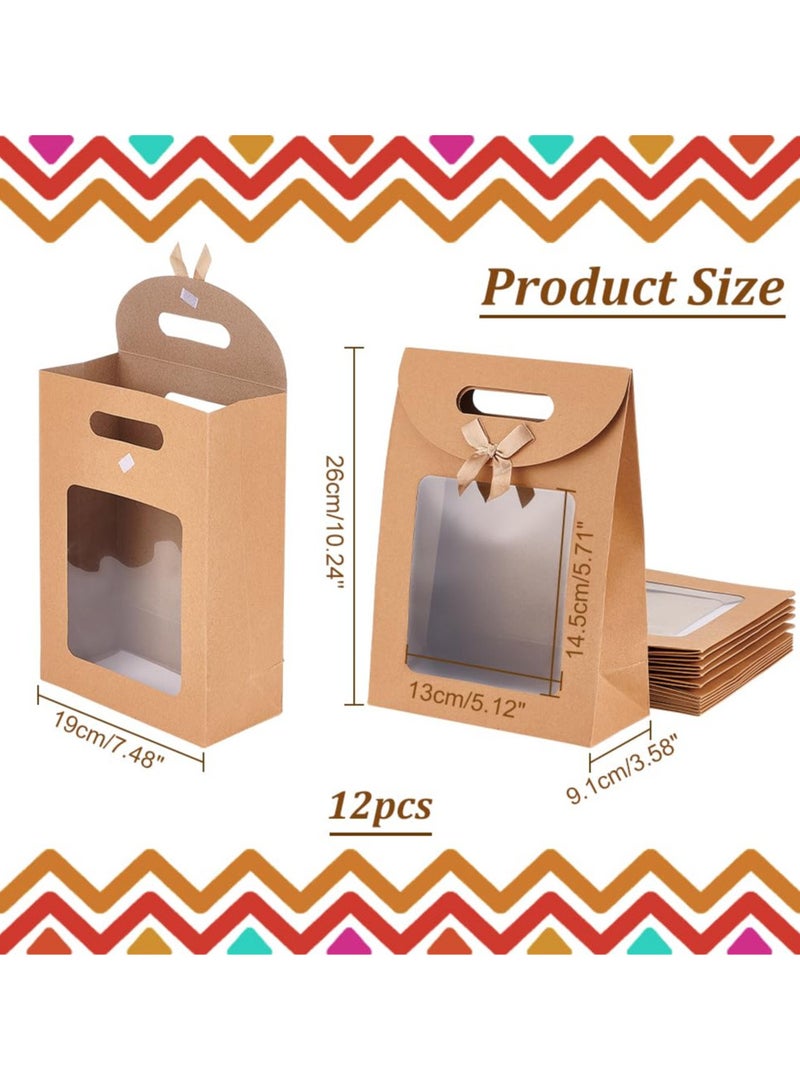 Generic 12Pcs Paper Gift Bags,Standing Gift Bags,Kraft Paper Bags with Window,Brown Gift Bags with Handles,ReusableSuitable for Candy Cookie Wrapping Wedding Parties Store Retail(19 * 26 * 9 cm)  - Image 2
