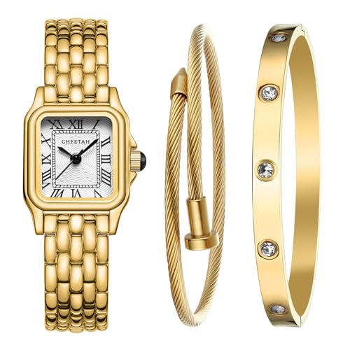 CHEETAH Womens Gold Bangle Watch and Bracelet Set Small Vintage Roman Dial in White - Image 1