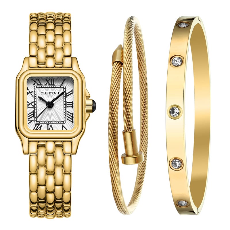 CHEETAH Womens Gold Bangle Watch and Bracelet Set Small Vintage Roman Dial in White - Image 2