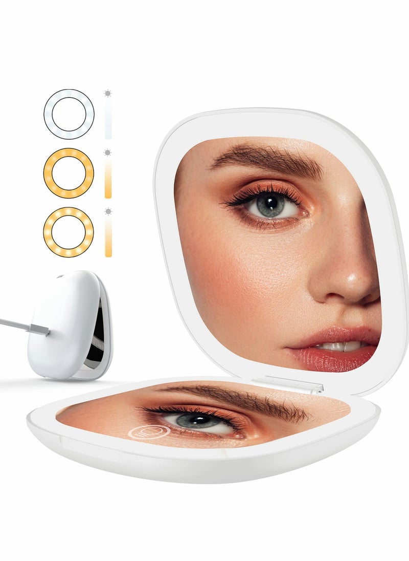 Excefore LED Lighted Travel Makeup Mirror, Mini Magnifying Mirrors with Auto-Off Light Make Up Mirror for Purse Folding Rechargeable Vanity Dimmable 3 Colors Home Office  - Image 1