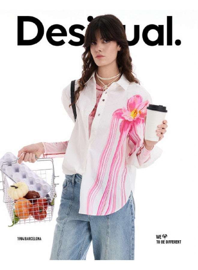 DESIGUAL 25 مجموعة جديدة لخريف/شتاء قميص نسائي أبيض مزخرف برسومات زهرية يدوية الصنع - Image 1