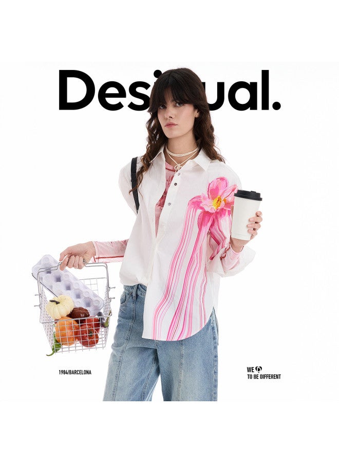 DESIGUAL 25 مجموعة جديدة لخريف/شتاء قميص نسائي أبيض مزخرف برسومات زهرية يدوية الصنع - Image 2