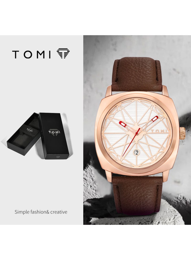 تومي ساعة يد تناظرية للرجال والنساء، إصدار TOMI  Edition، حزام جلدي أسود، قرص هندسي أنيق، عرض تاريخ، ساعة أزياء كاجوال - Image 1