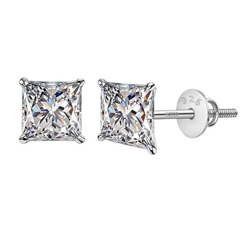 HIGHSPARK 925 Silver Solitaire Screwback Stud Earrings | 92.5 Sterling Silver & Square Princess Cut Brilliant Zirconia Tops for Men & Women - 5mm - Image 1