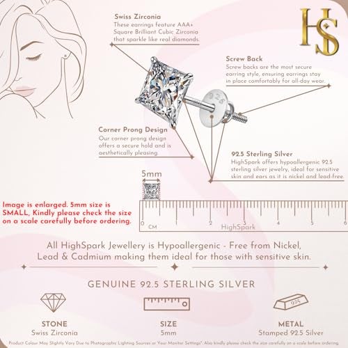 HIGHSPARK 925 Silver Solitaire Screwback Stud Earrings | 92.5 Sterling Silver & Square Princess Cut Brilliant Zirconia Tops for Men & Women - 5mm - Image 2