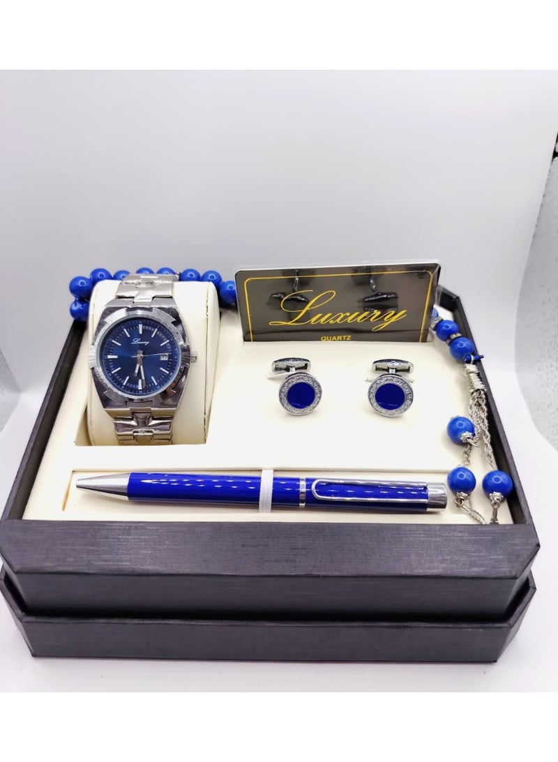 لكجر طقم هدية ساعة رجالية راقية و بجودة عالية ساعة, وقلم, وسبحة, وكبك, سوار فضي مع ميناء أزرق